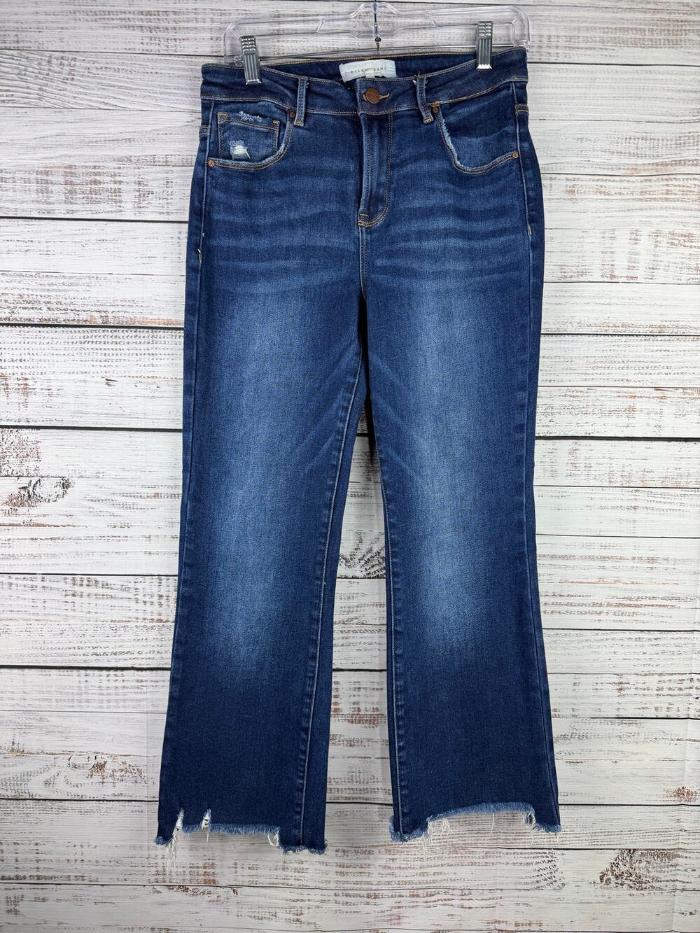 Risen High Rise Crop Flare Jeans Dark Wash Stretch Raw Hem 27 Casual Boho Chic